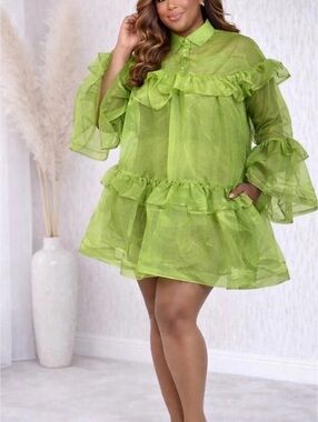Ruffle Sleeve Mini Dress in Green